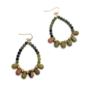 Green and Pink Stone Teardrop Hoop Earrings